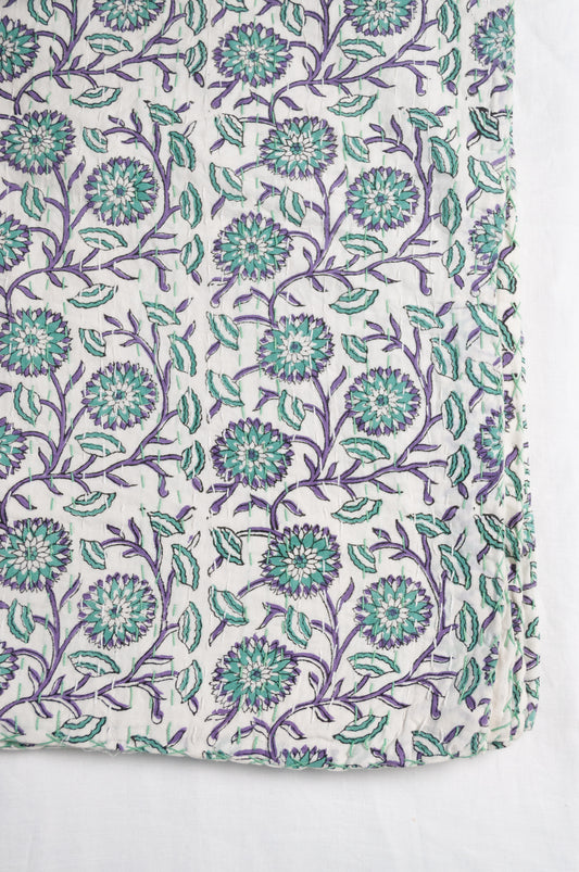 Mint green blue and white floral carnations cotton kantha quilt.