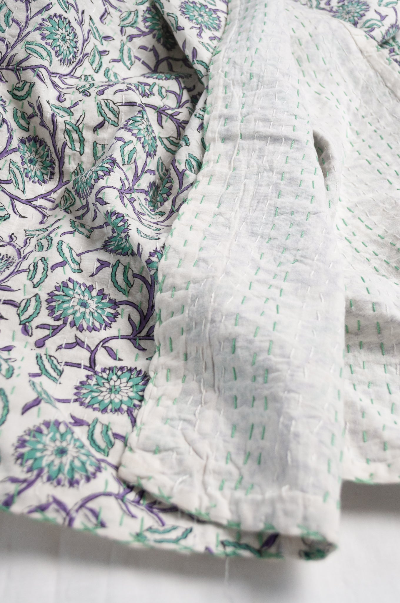 Mint green blue and white floral carnations cotton kantha quilt.e