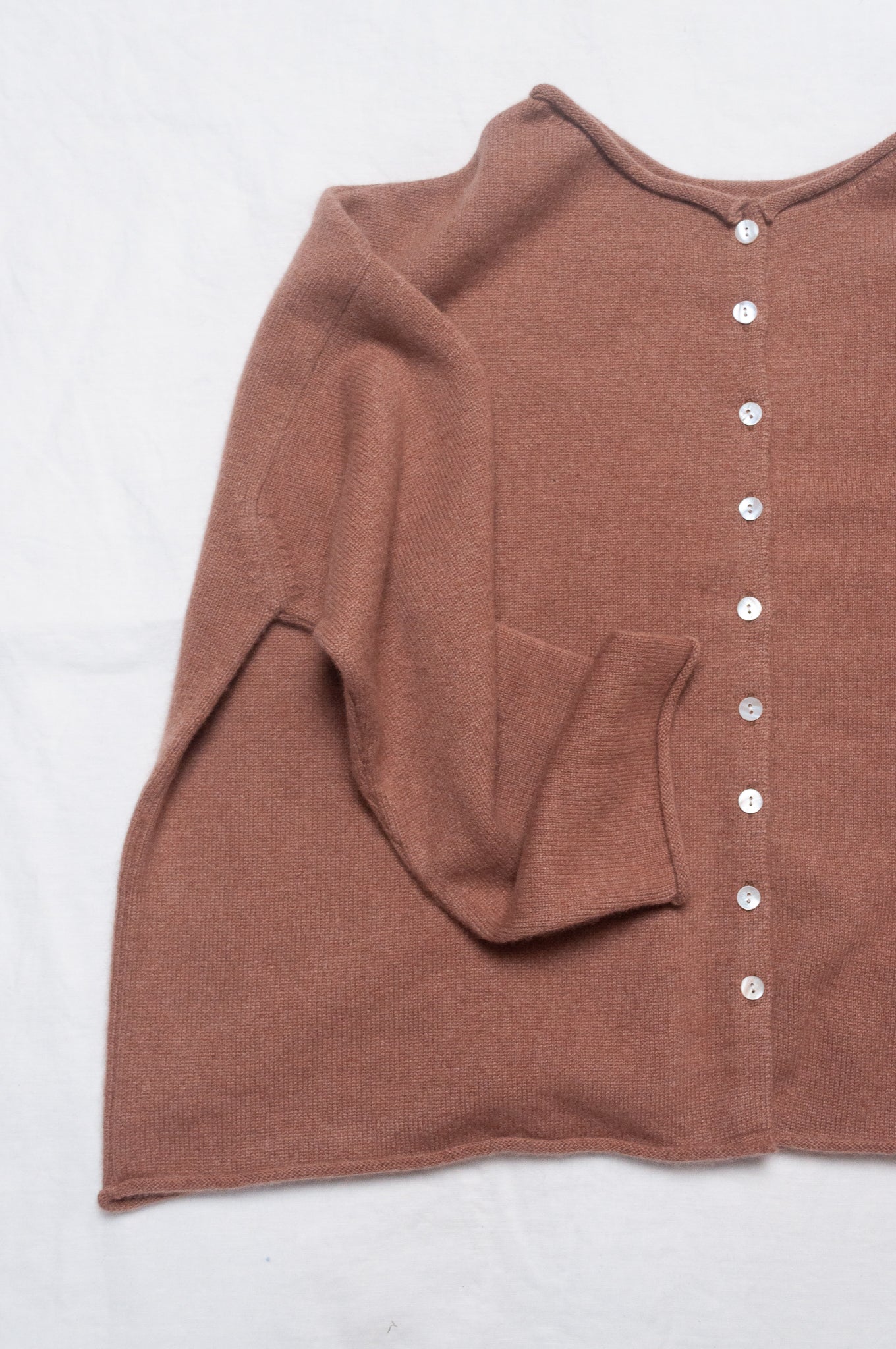 One size reversible cashmere cardigan in soft chocolate milk brown.