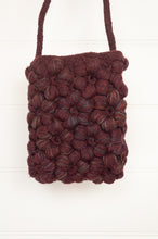 Load image into Gallery viewer, Sophie Digard hand crocheted small cross body wool bag in the Freesias design, Jasper Dingle colours deep russet brown and blue.