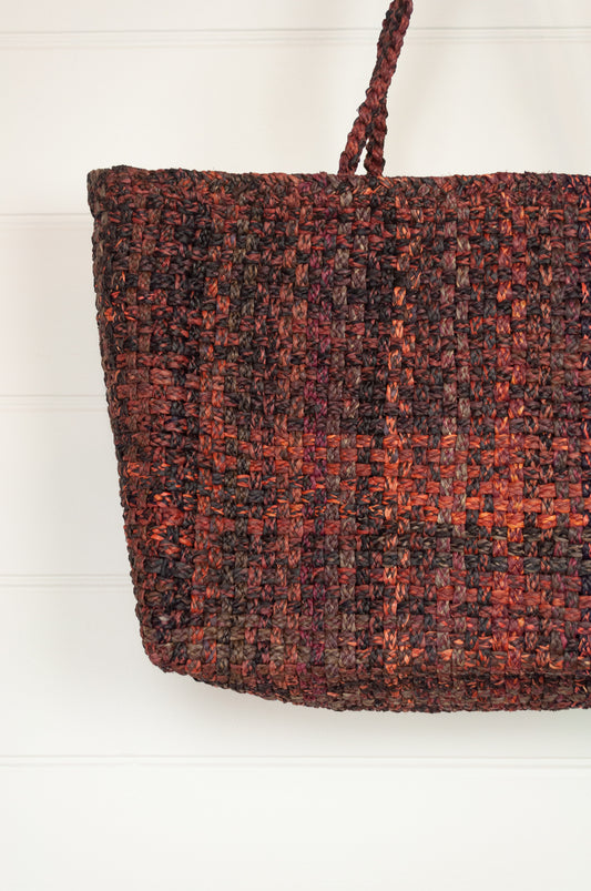 Hand woven Sophie Digard raffia large basket with long handles, Autumn heath multi palette.
