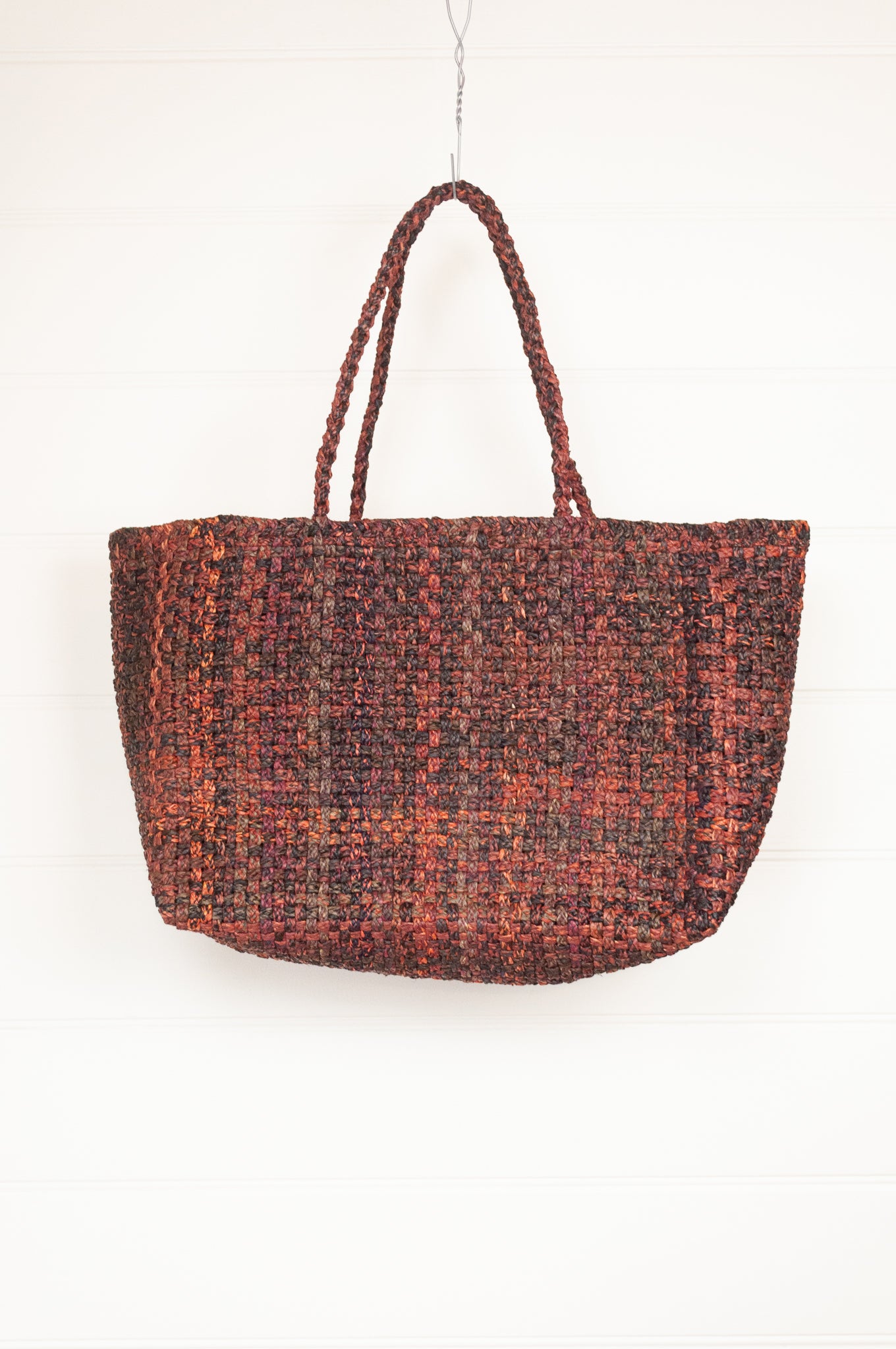 Hand woven Sophie Digard raffia large basket with long handles, Autumn heath multi palette.
