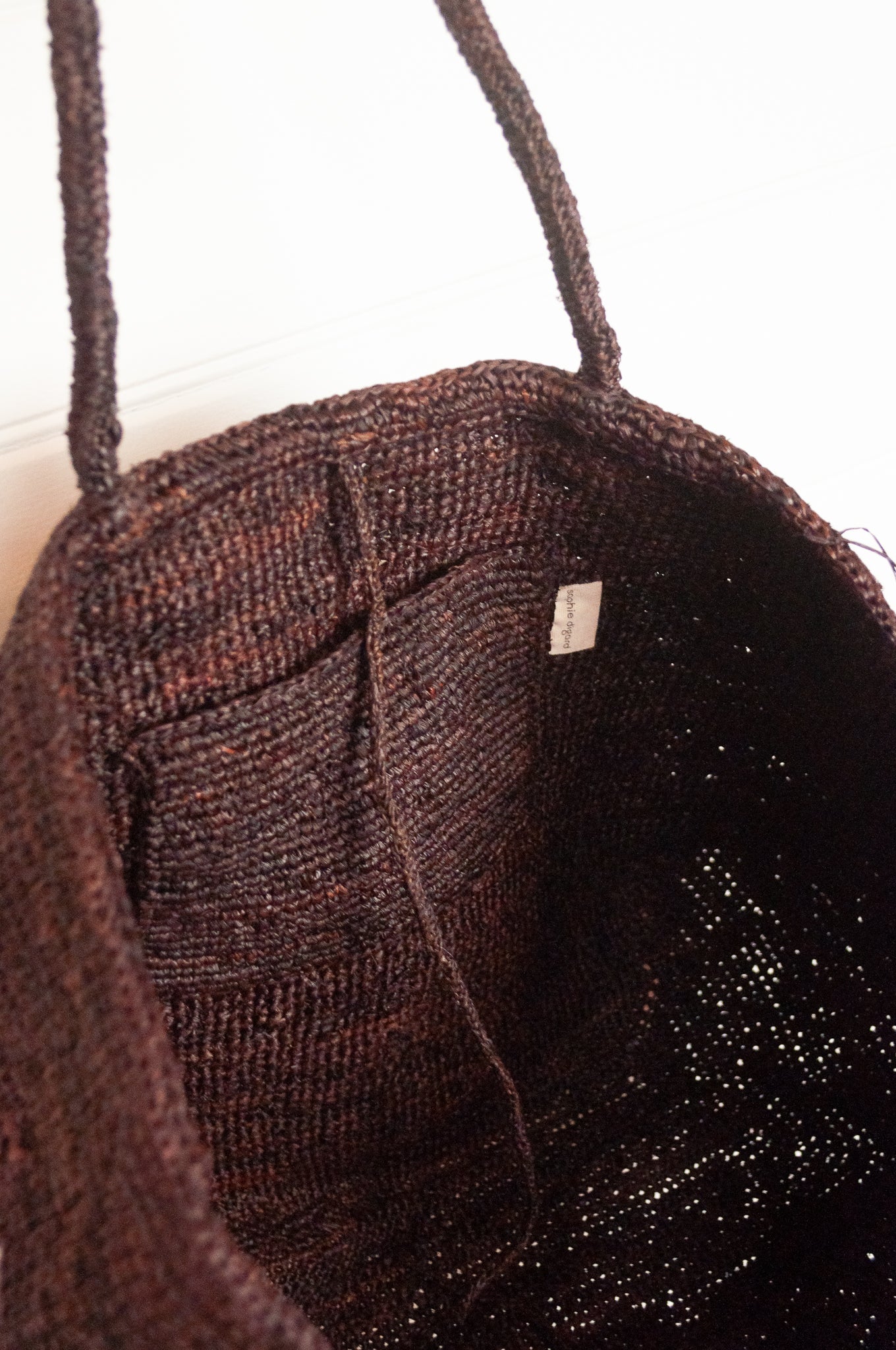 Sophie Digard crochet raffia bag, plain in shades of deep rich brown.