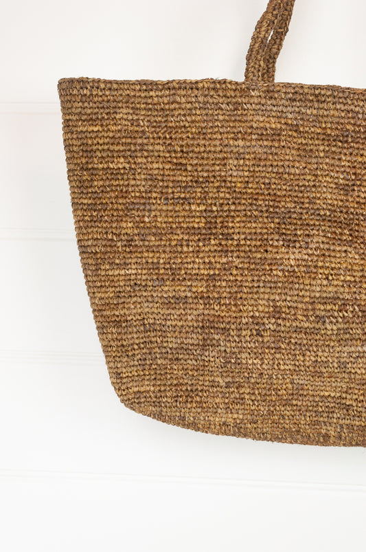 Sophie Digard crochet raffia bag, plain in shades of sand brown.