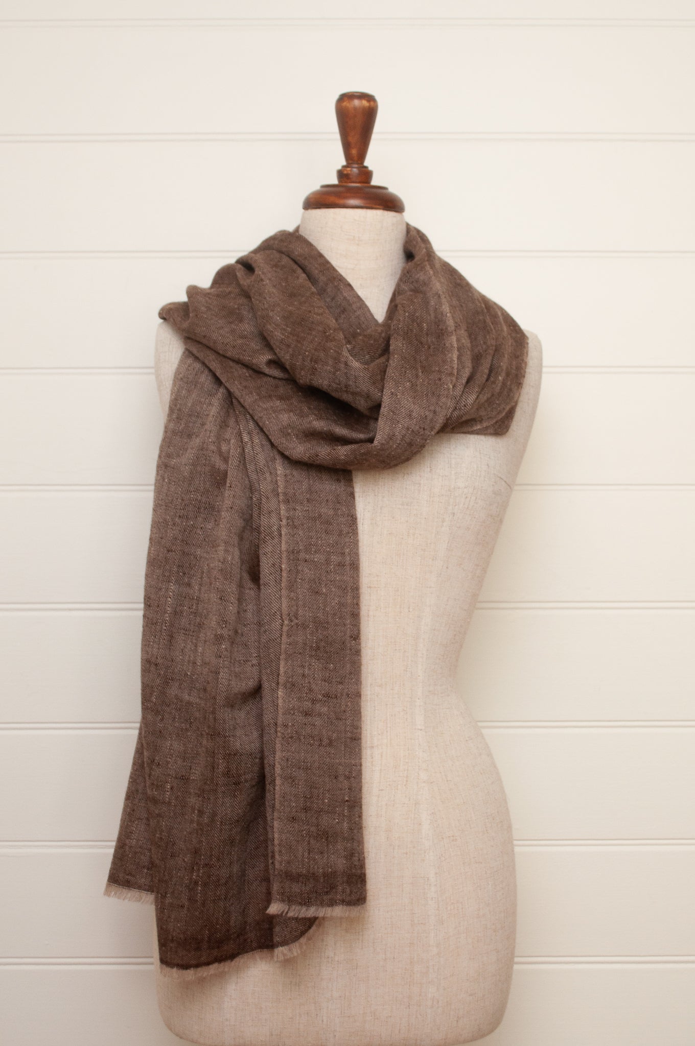 Pure pashmina cashmere wool handwoven scarf in warm chocolate brown.