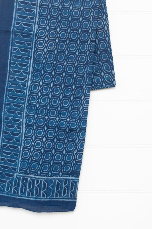Shades of indigo blue blockprint cotton sarong with hexagon geometric design.