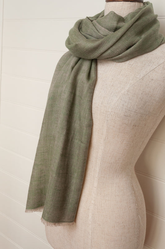 Pure pashmina cashmere wool handwoven scarf in soft sage green.