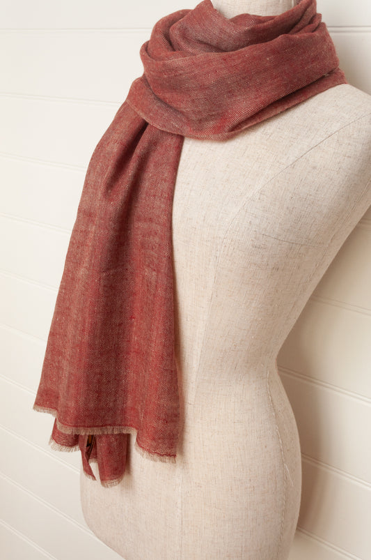 Pure pashmina cashmere wool handwoven scarf in brick red.