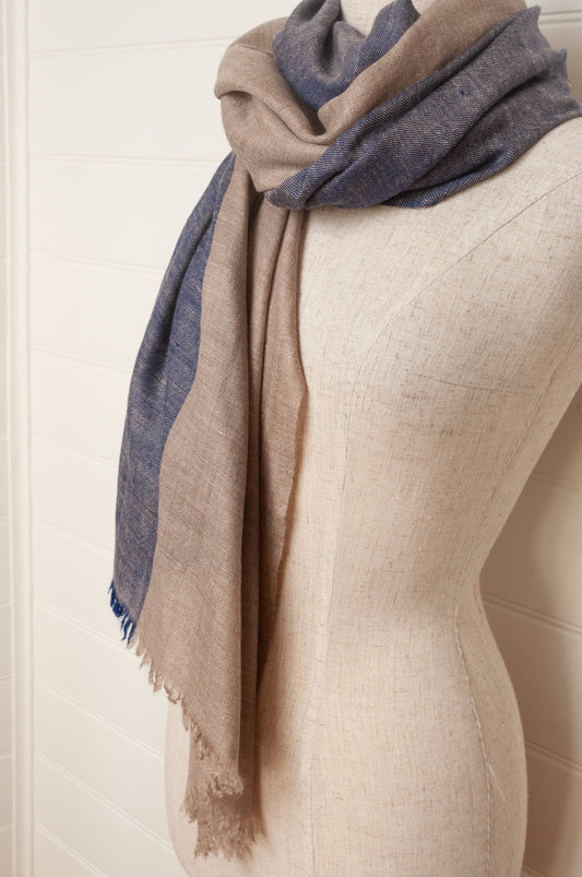 Twill weave pure pashmina handwoven scarf stole in two tone denim blue and natiural.