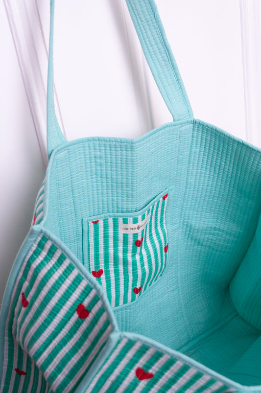 Quilted cotton tote bag - Peppermint hearts