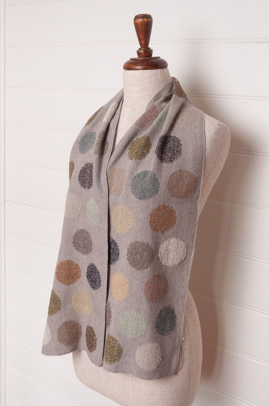 Sophie Digard fine crochet scarf in warm grey with neutral coloured embroidered spots.
