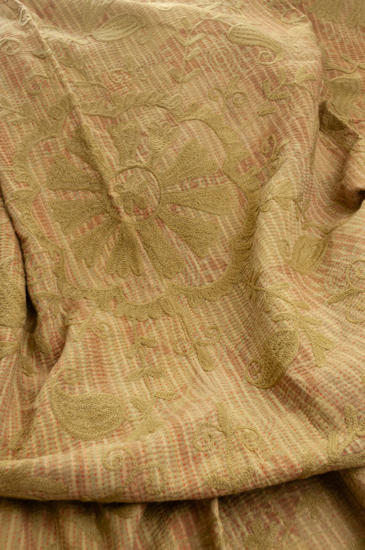 Vintage kantha quilt embroidered Suzani style floral design in olive on mustard stripes.