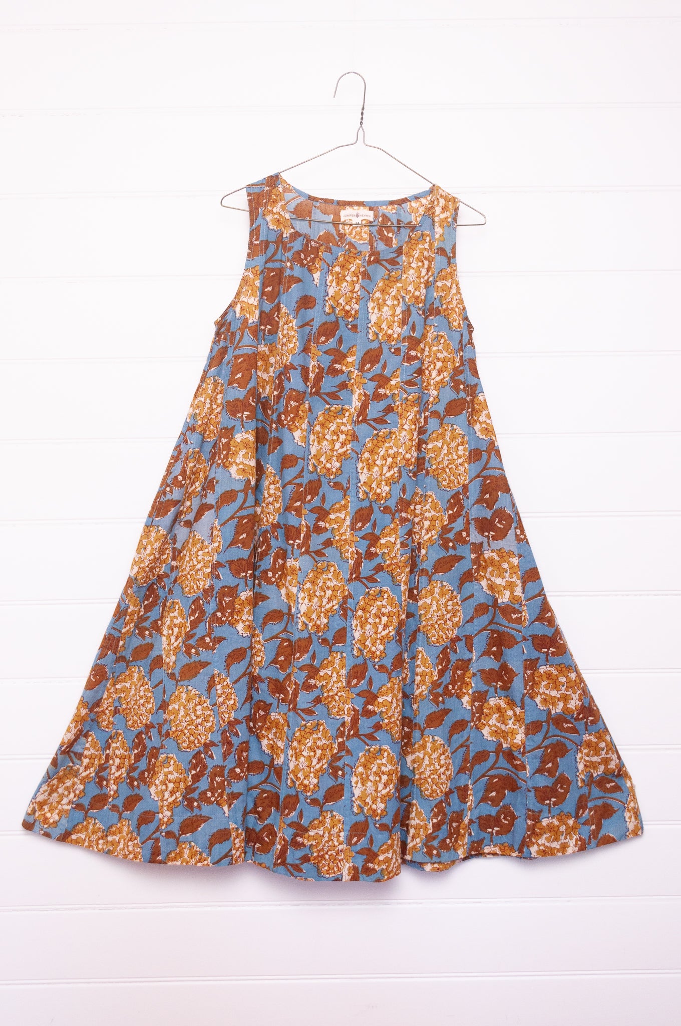Juniper Hearth Tulsi cotton sleeveless sun dress blockprinted vintage mustard and olive hydrangea print on blue.