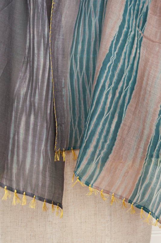 Neeru Kumar cotton and silk shibori scarf - silver and teal