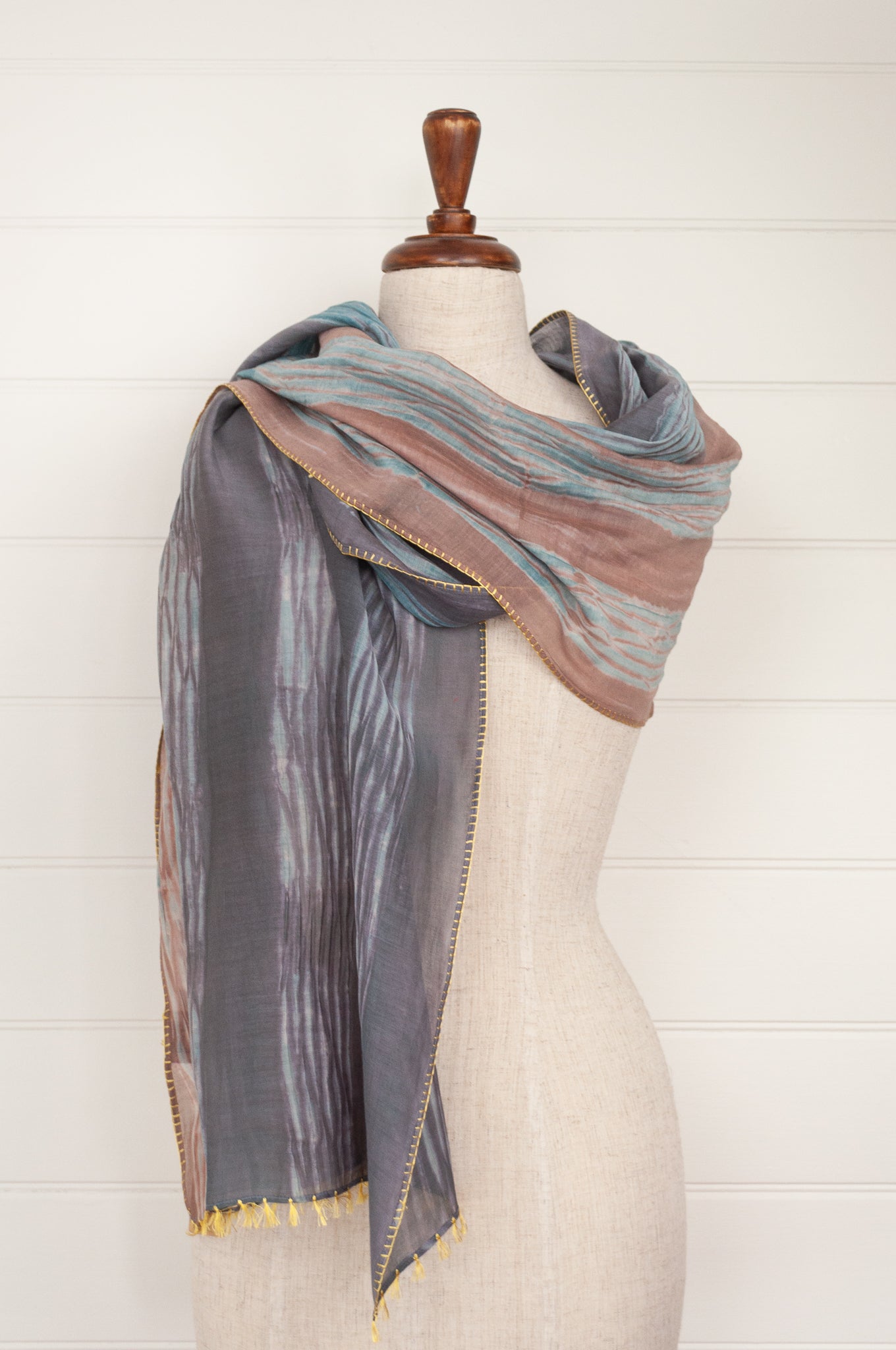 Neeru Kumar cotton and silk shibori scarf - silver and teal