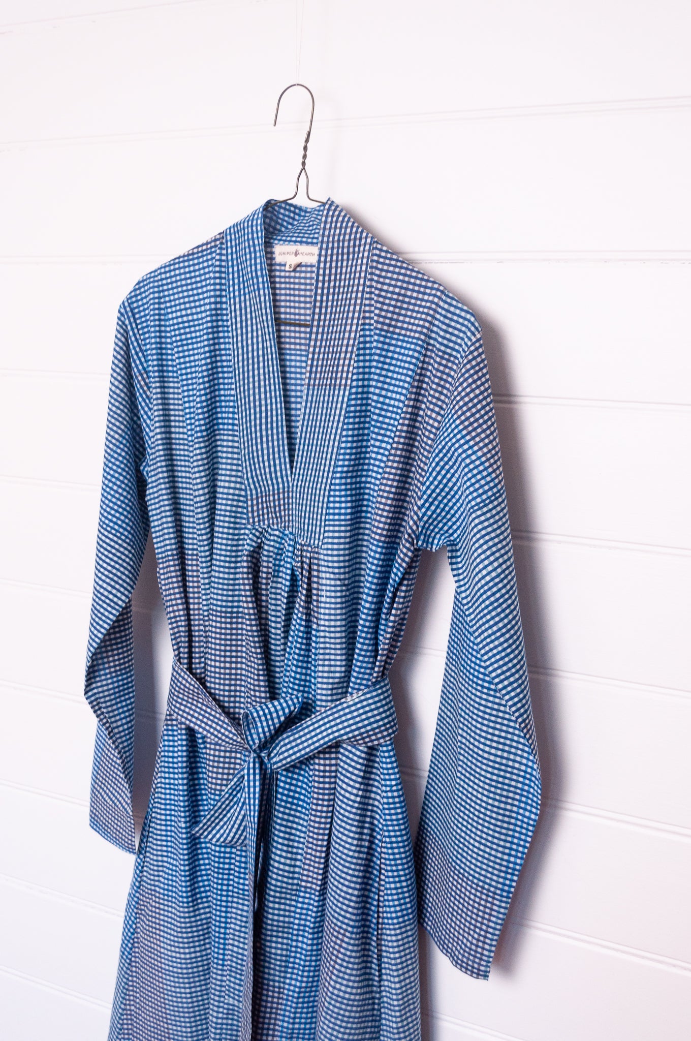 Multi-check long sleeved maxi tunic cotton dress in shades of blue and grey.