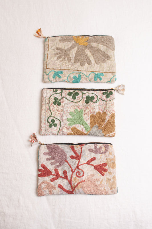 Vintage kantha pouch - Suzani silver