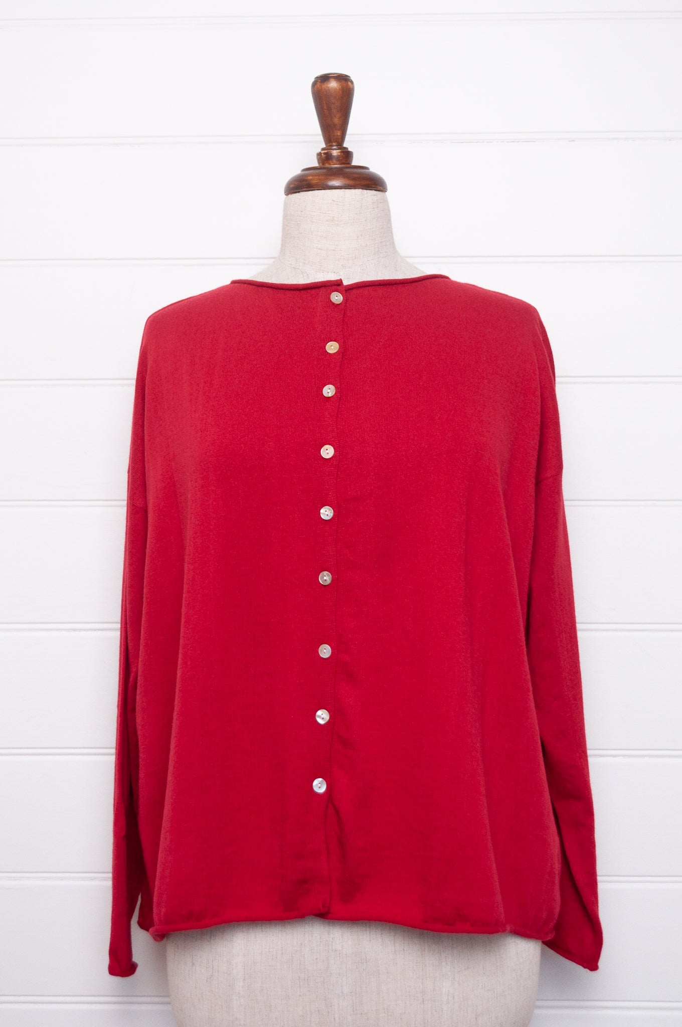 Cotton cashmere one size button up cardigan in scarlet red.