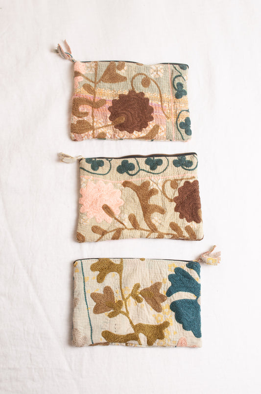 Vintage kantha quilt Suzani embroidered cotton zippered pouch.