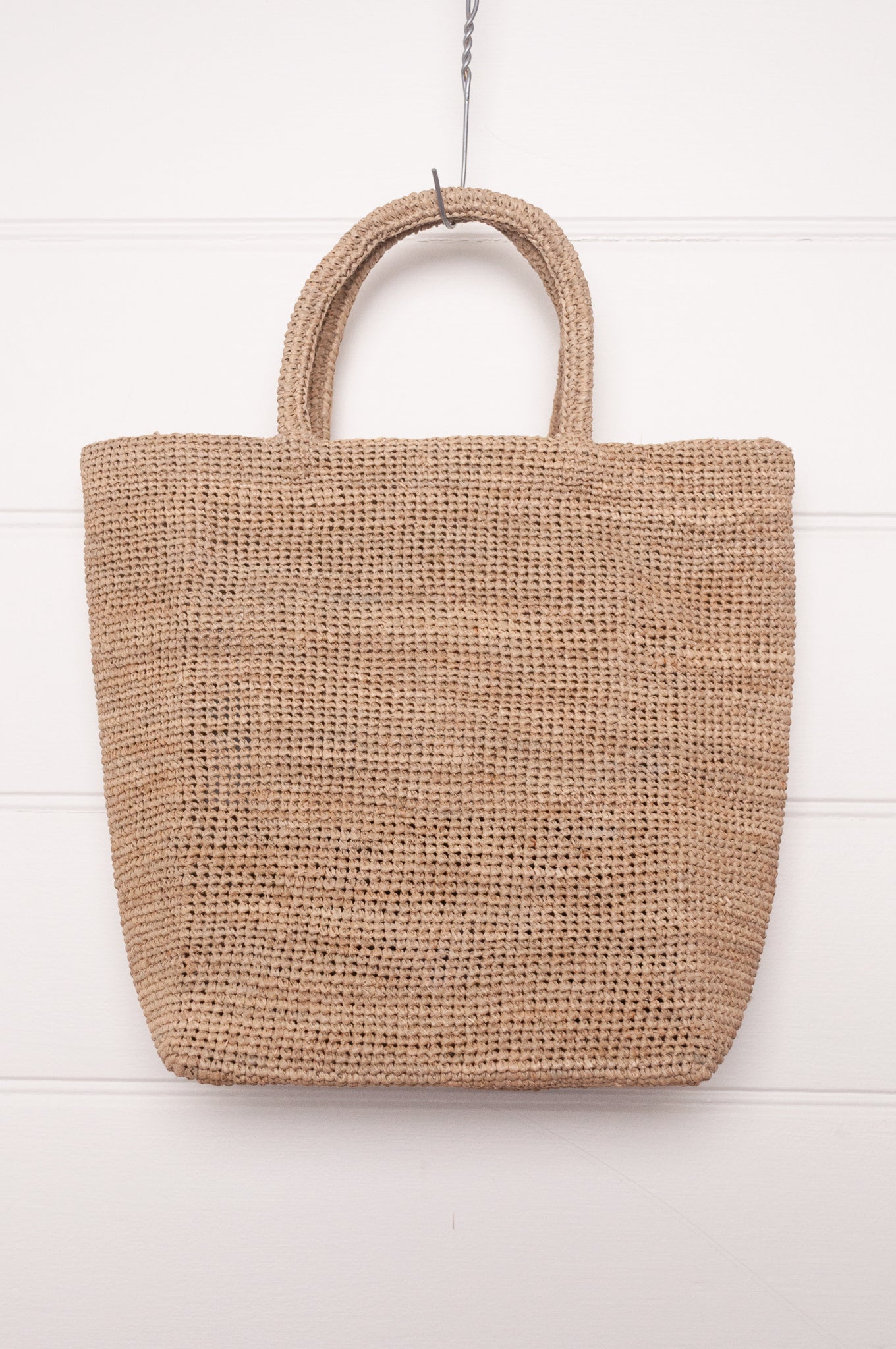 Sophie Digard crochet raffia bag with embroidered floral patchwork panel, plain reverse.