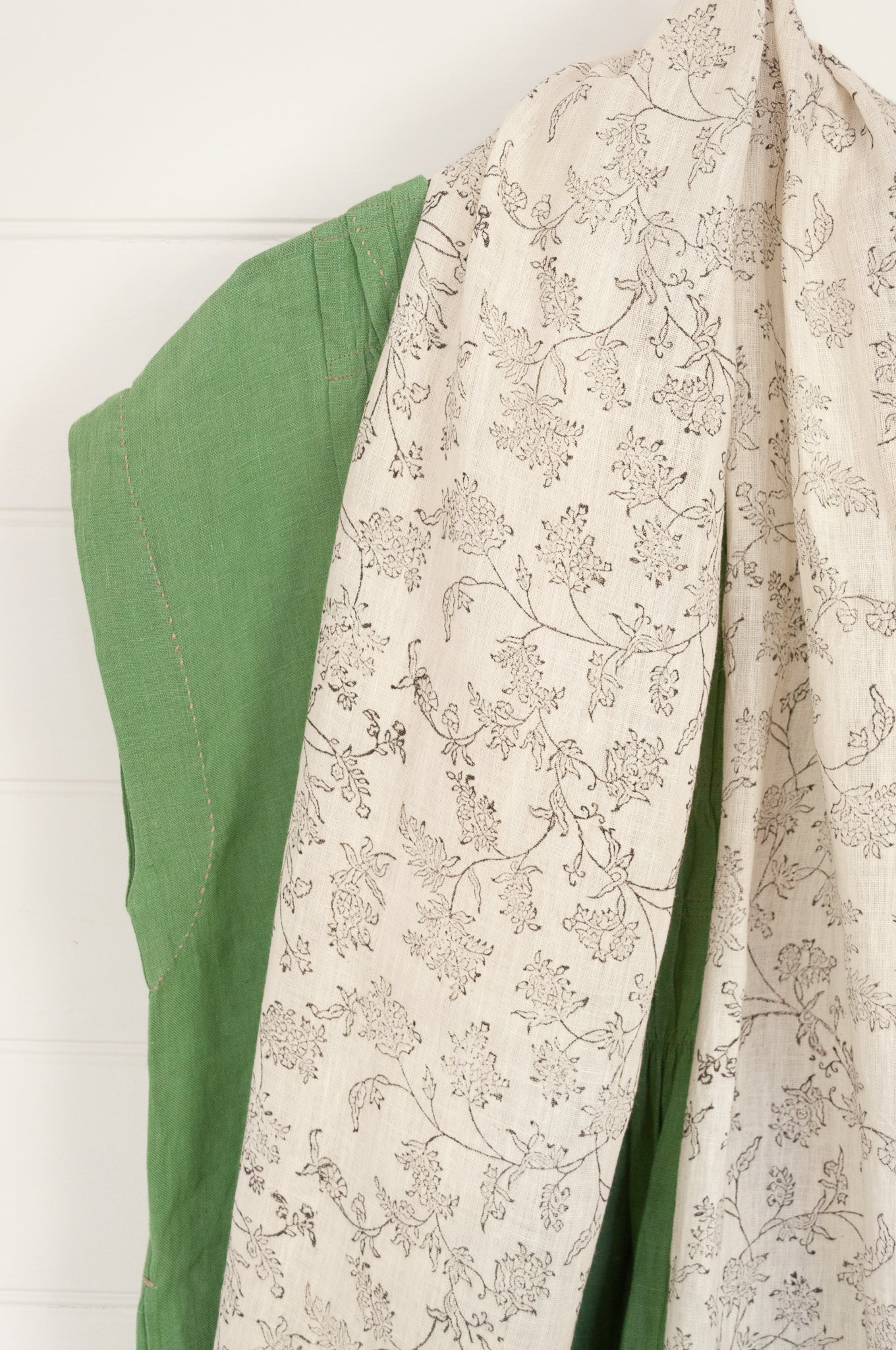 DVE ecru fine linen scarf with delicate blockprint floral design.