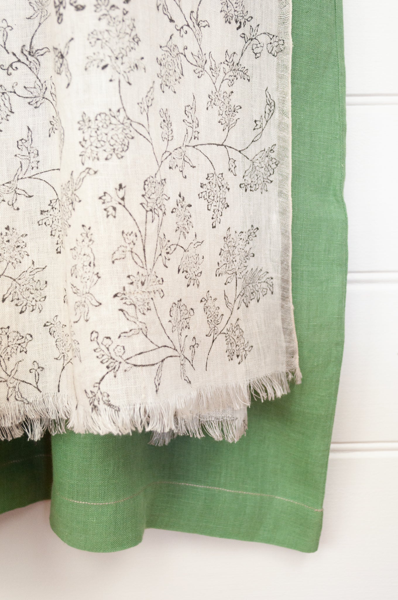DVE ecru fine linen scarf with delicate blockprint floral design.