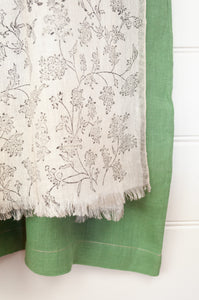 DVE ecru fine linen  scarf with delicate blockprint floral design.