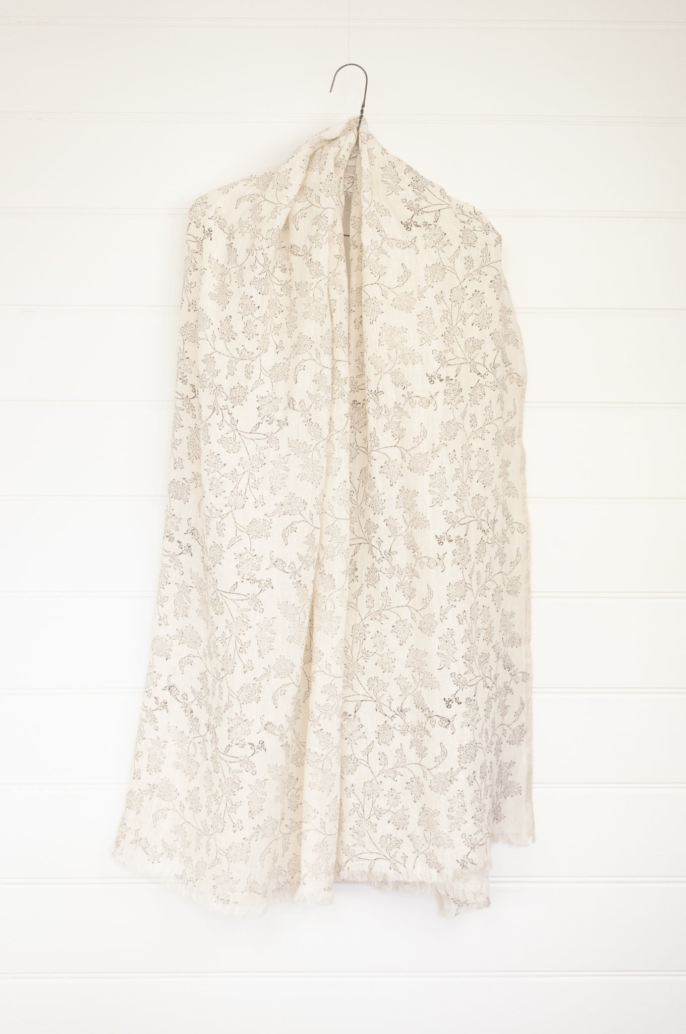 DVE ecru fine linen scarf with delicate blockprint floral design.
