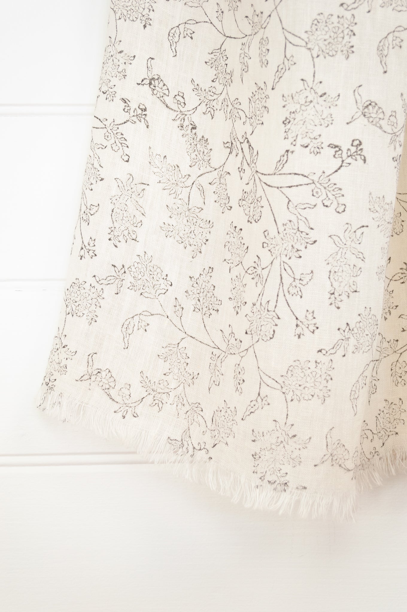 DVE ecru fine linen scarf with delicate blockprint floral design.