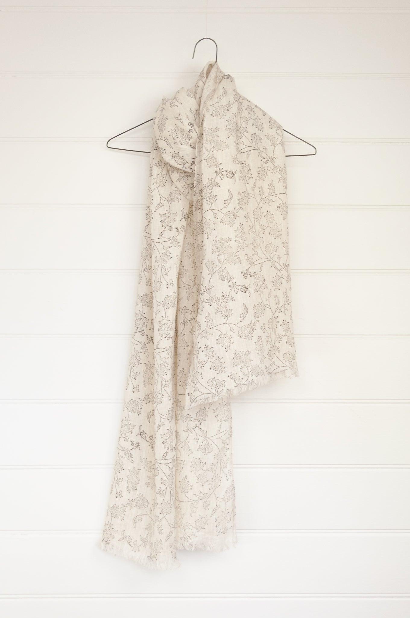 DVE ecru fine linen scarf with delicate blockprint floral design.