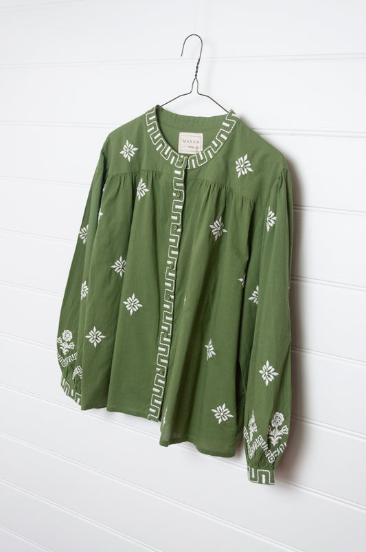 Manan Folk blouse, pure cotton button up with ivory embroidery on green.