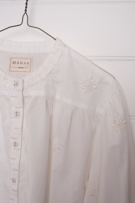Manan Folk blouse, pure cotton button up with ivory embroidery on ivory.