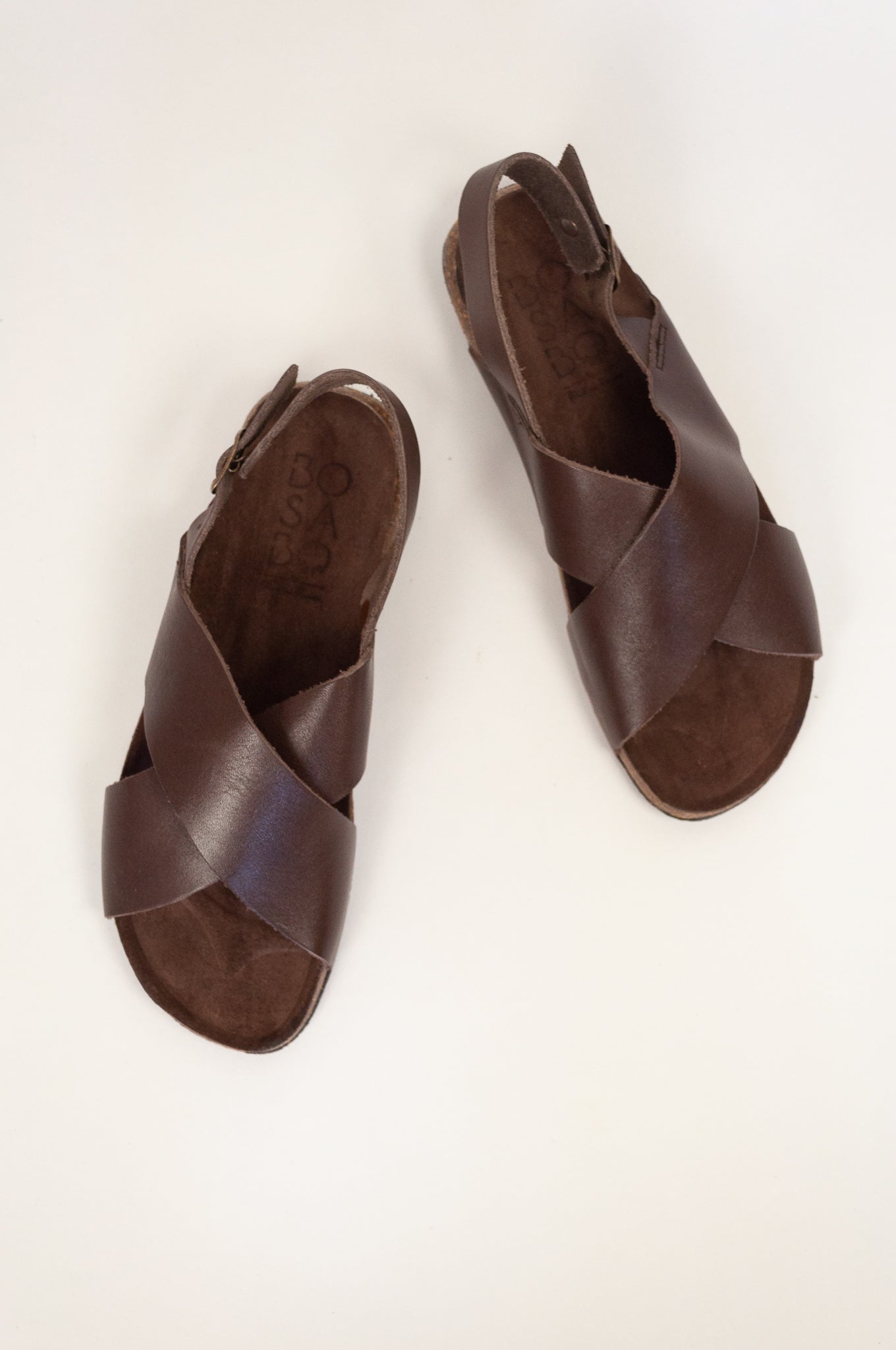 Bosabo handmade sandals vegetable tanned cross over with ankle strap in dark brown marone, natural cork sole. 