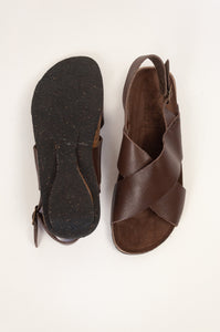 Bosabo handmade sandals vegetable tanned cross over with ankle strap in dark brown marone, natural cork sole. 