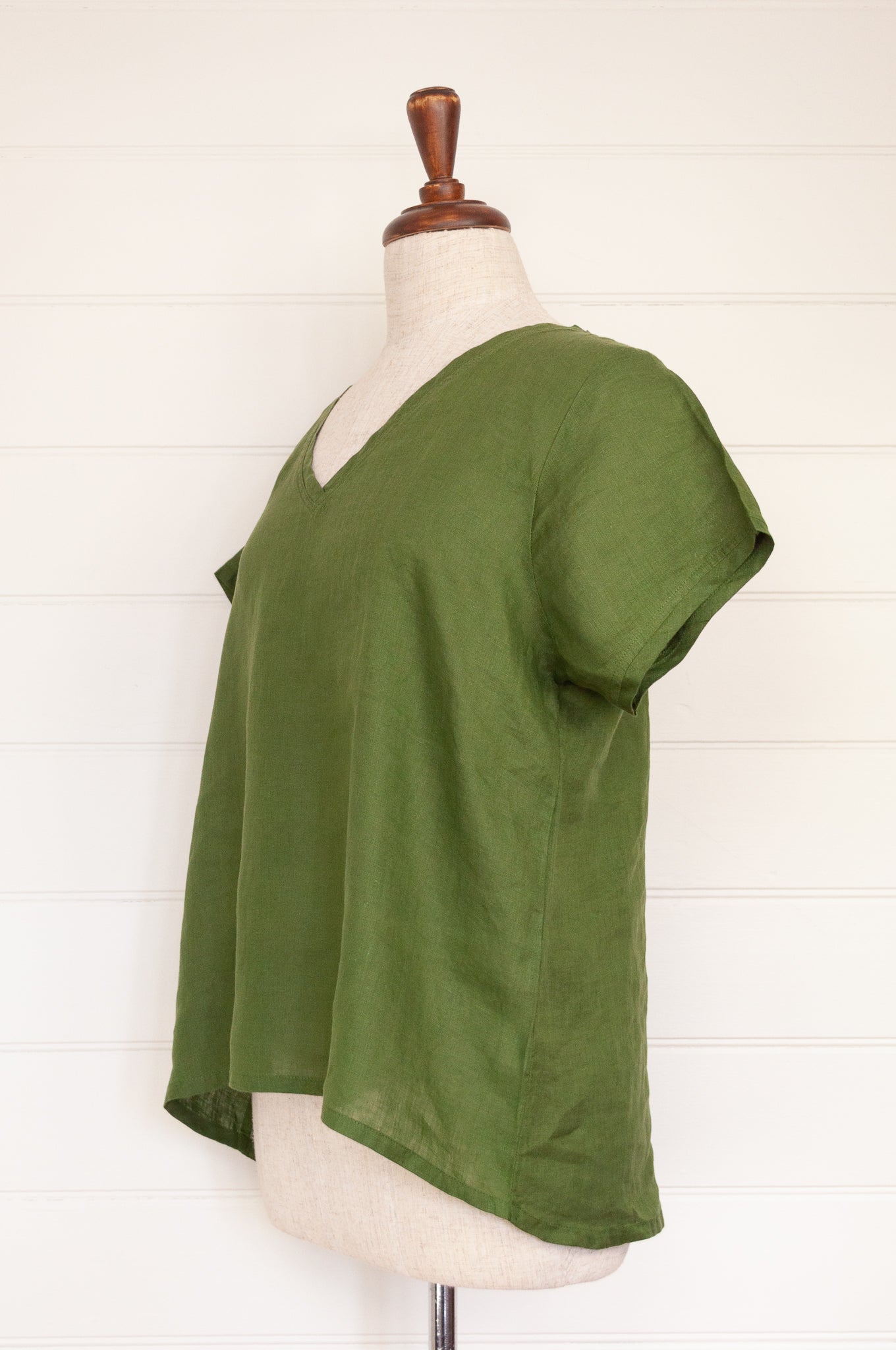 Frockk linen v-neck tshirt top in moss green.