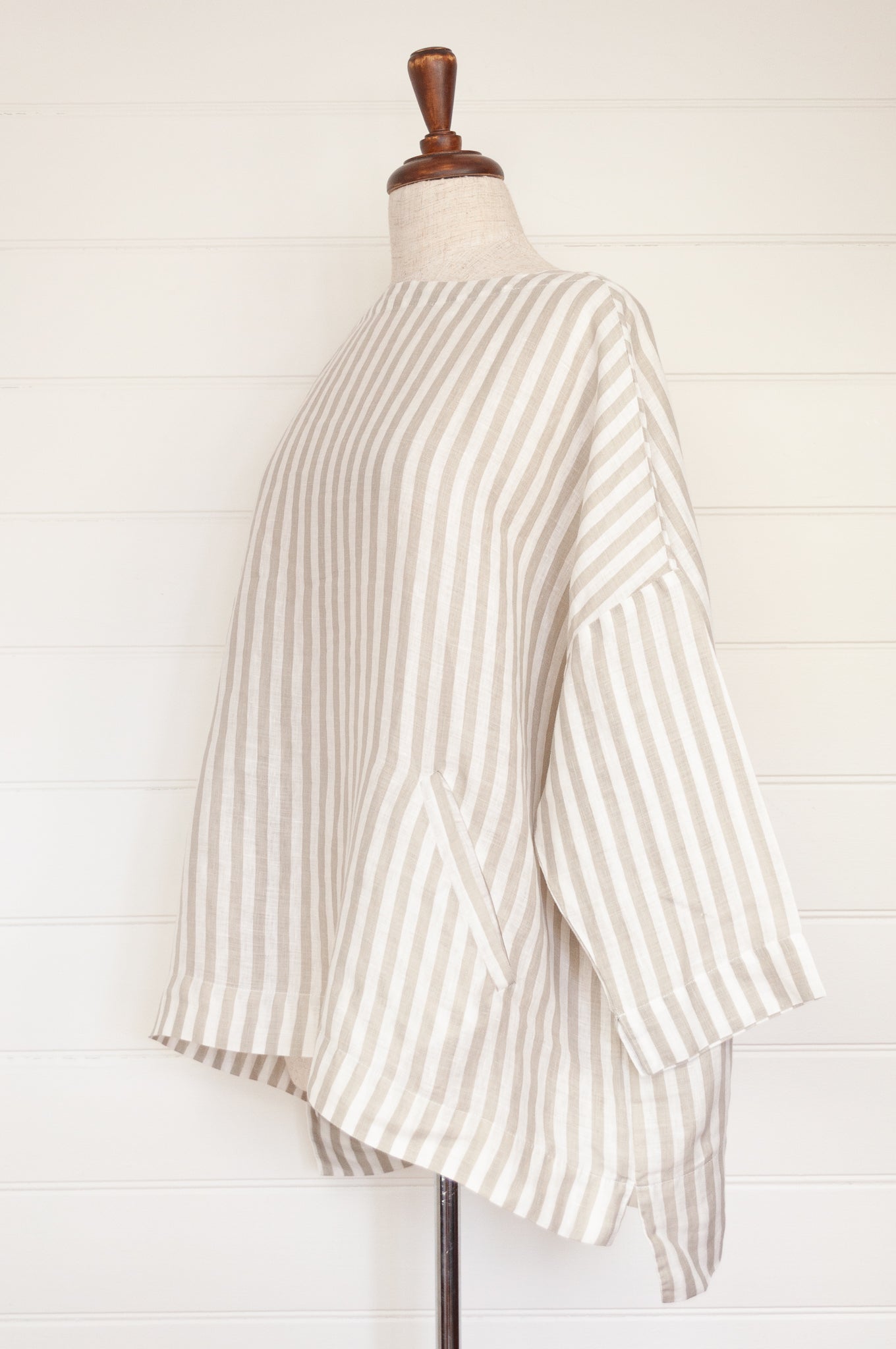Frockk Louise one size oversized linen tunic top in natural and white stripe.