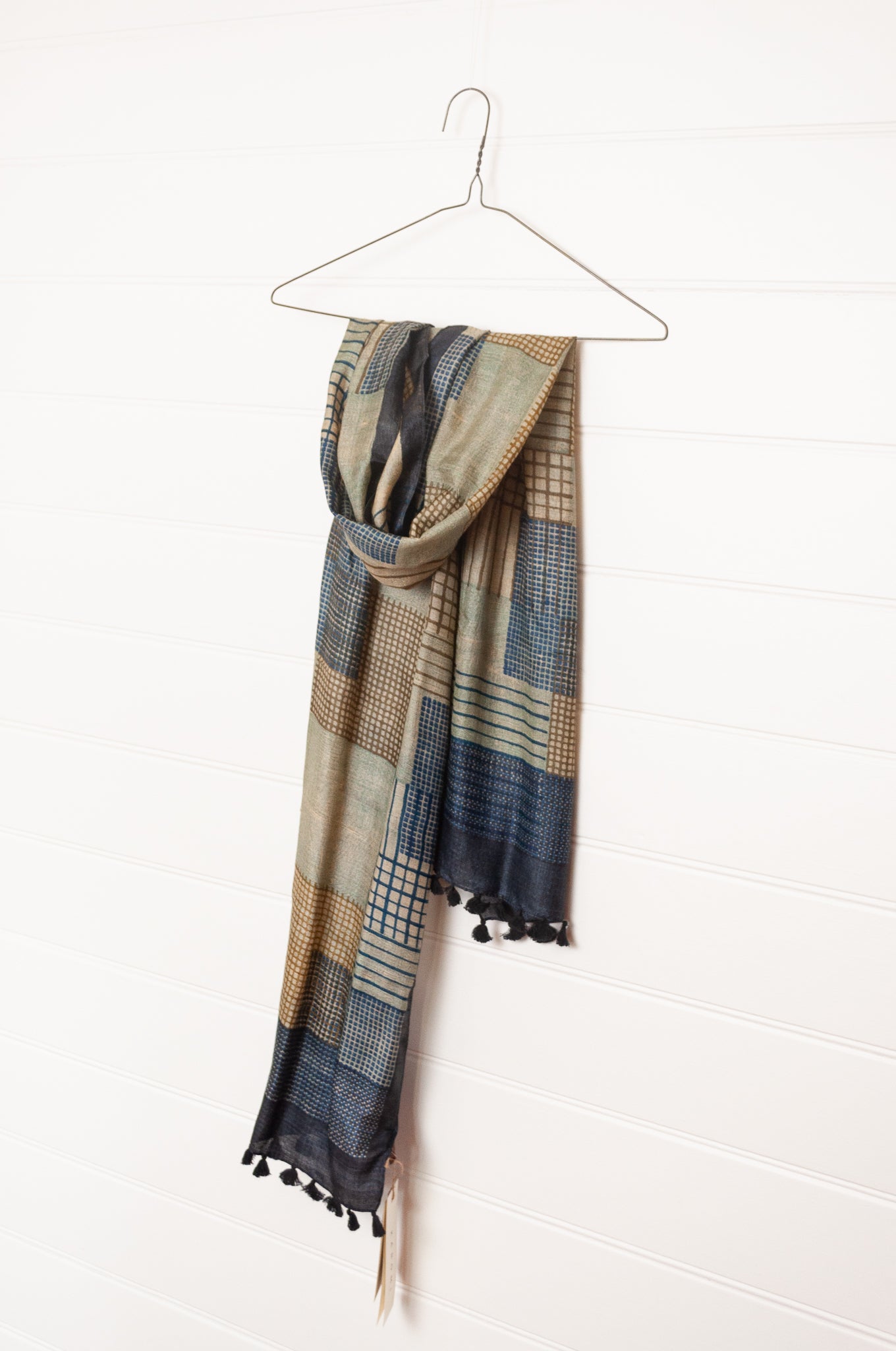 Karomi blockprint handwoven silk scarf in light bronze and indigo checks.