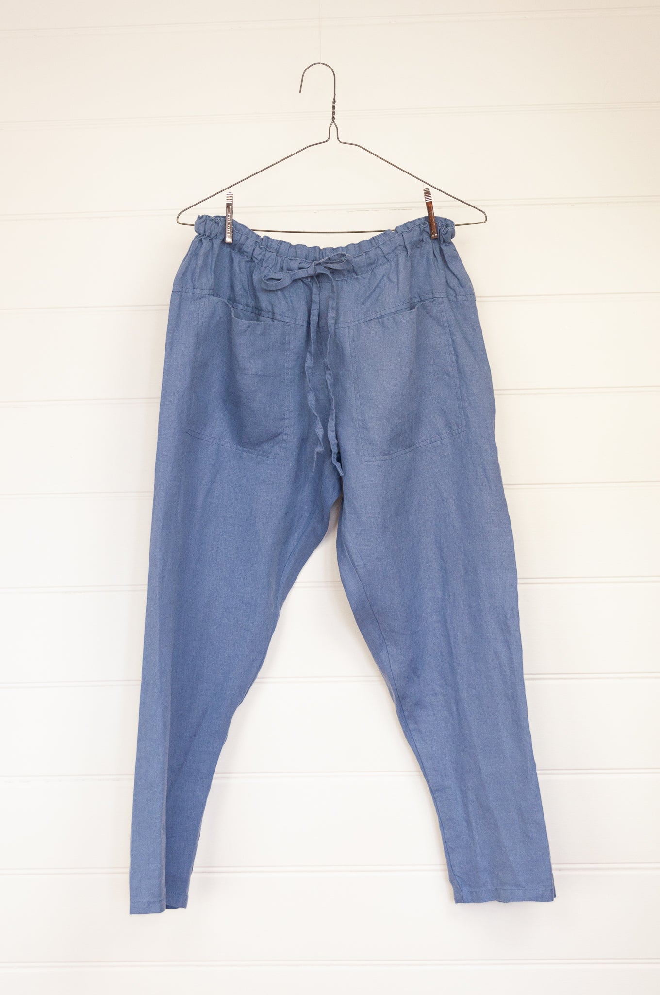 Frockk Jessie linen pants drawstring waist in cornflower blue.