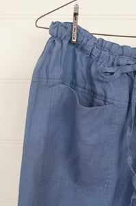Frockk Jessie linen pants drawstring waist in cornflower blue.