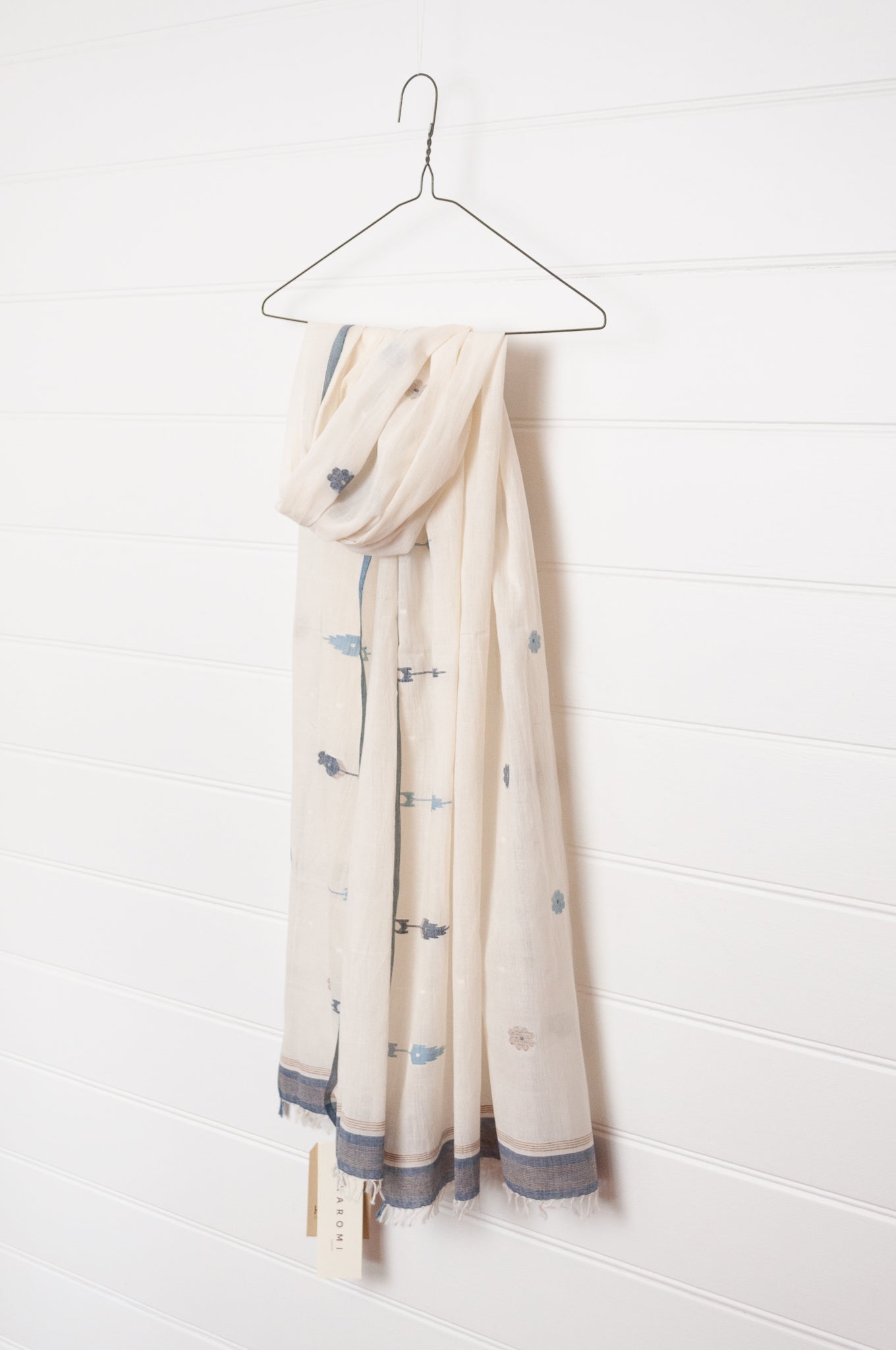 Karomi natural dye handwoven jamdani cotton scarf with indigo motifs.