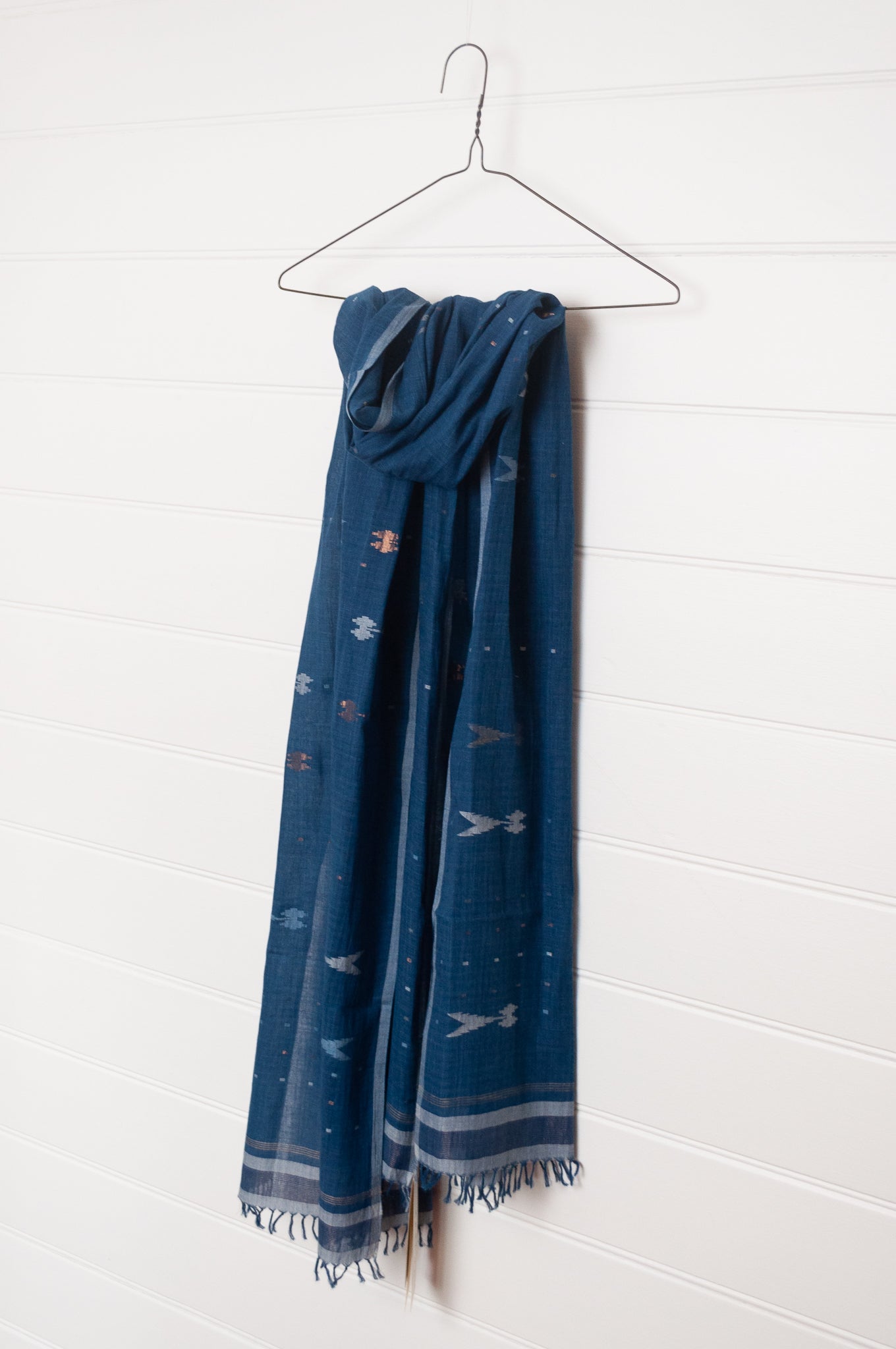 Karomi indigo blue natural dye handwoven jamdani cotton scarf.