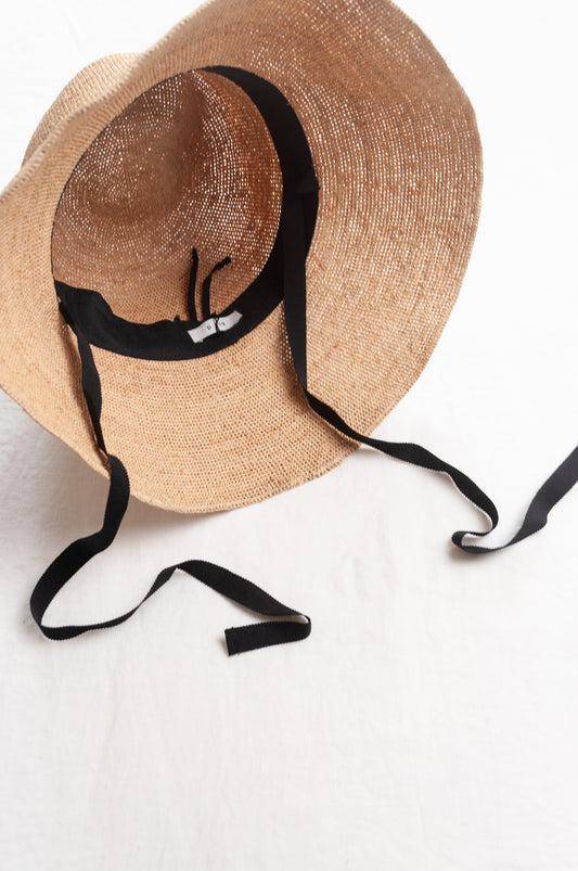 PCNQ made in Japan raffia sun hat with ribbon tie Cleo in natural.