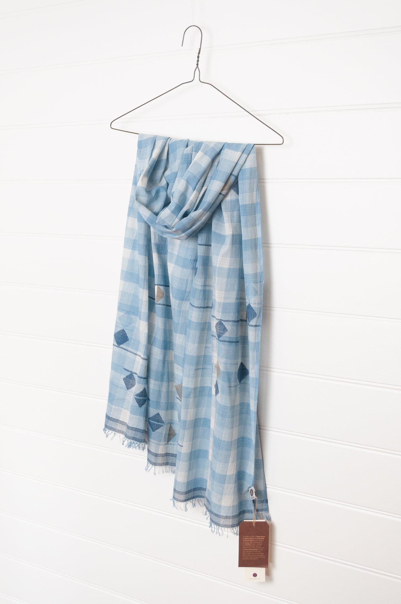 Karomi indigo blue natural dye handwoven jamdani and check cotton scarf.