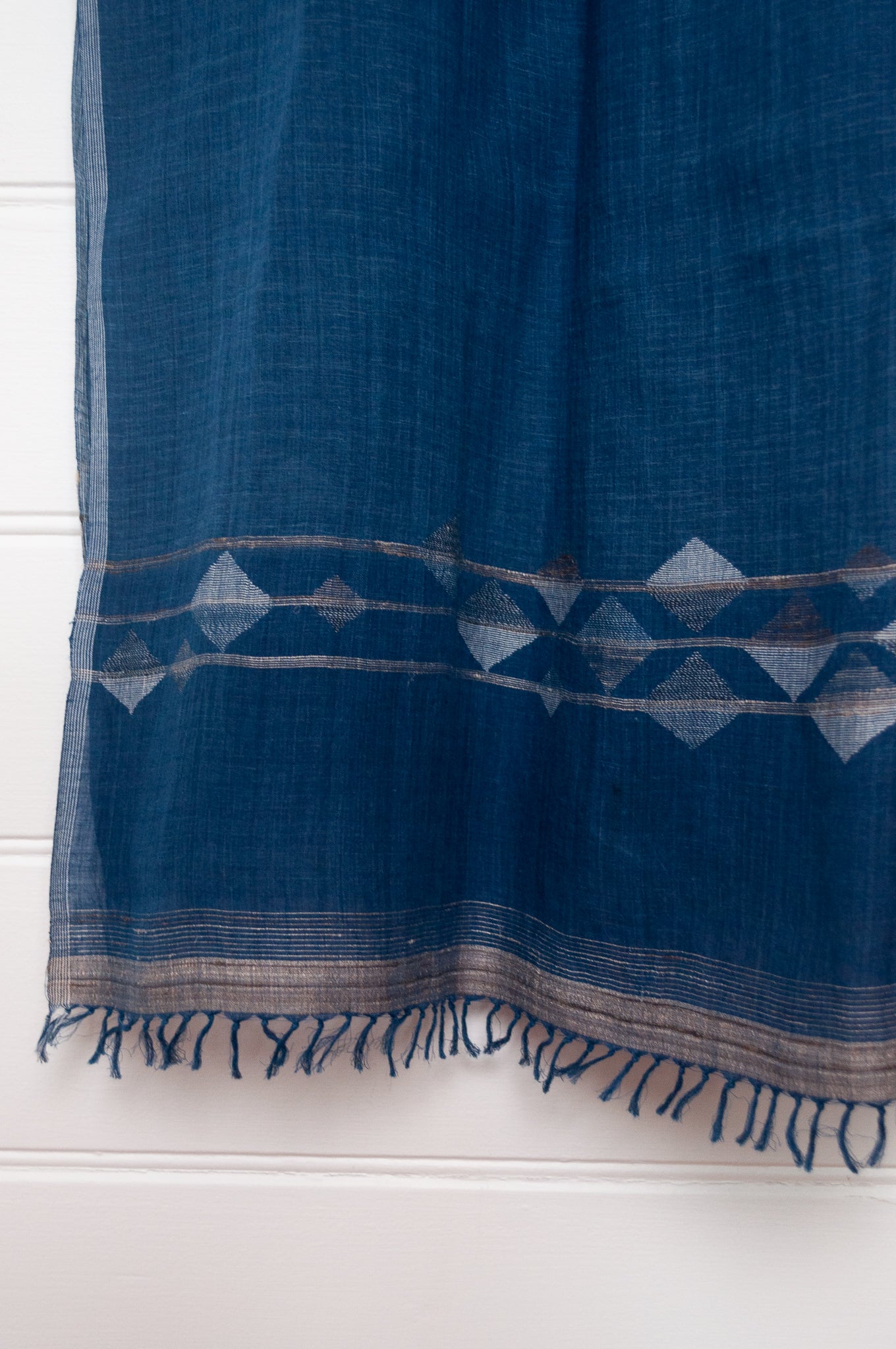 Karomi indigo blue natural dye handwoven jamdani cotton scarf.