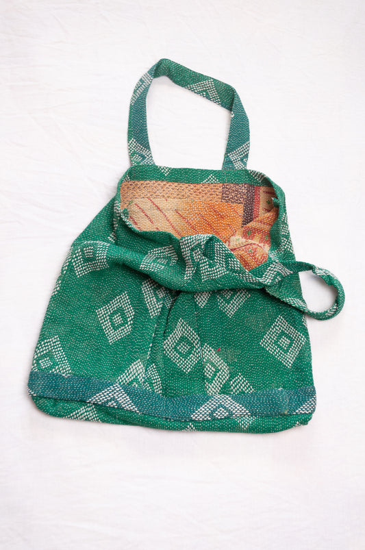 Vintage embroidered kantha quilt market tote bag in emerald green.