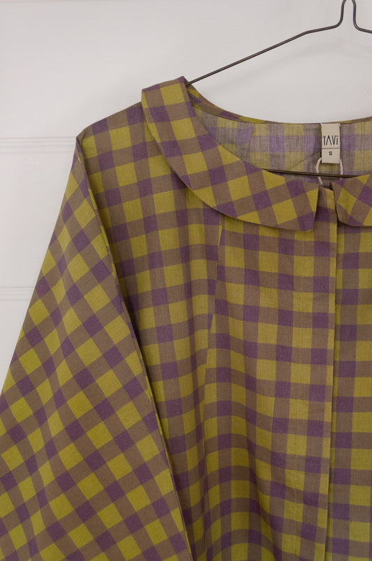 Yavi gingham cotton blouse in lilac and olive.