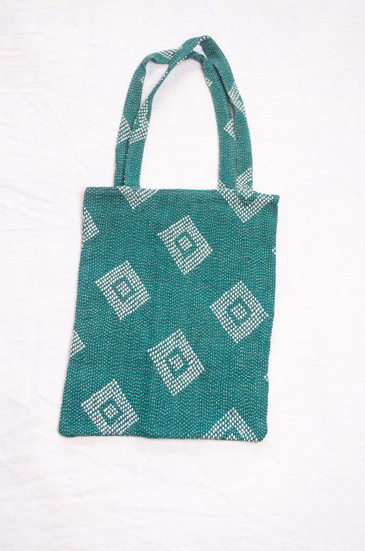 Vintage embroidered kantha quilt tote bag in emerald green.