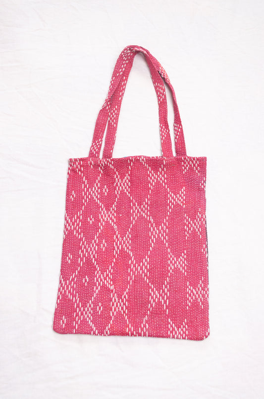 Vintage embroidered kantha quilt tote bag in raspberry red.