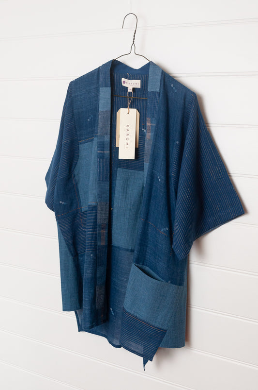 Karomi Nereid indigo jamdani patchwork cotton kimono jacket overlay.