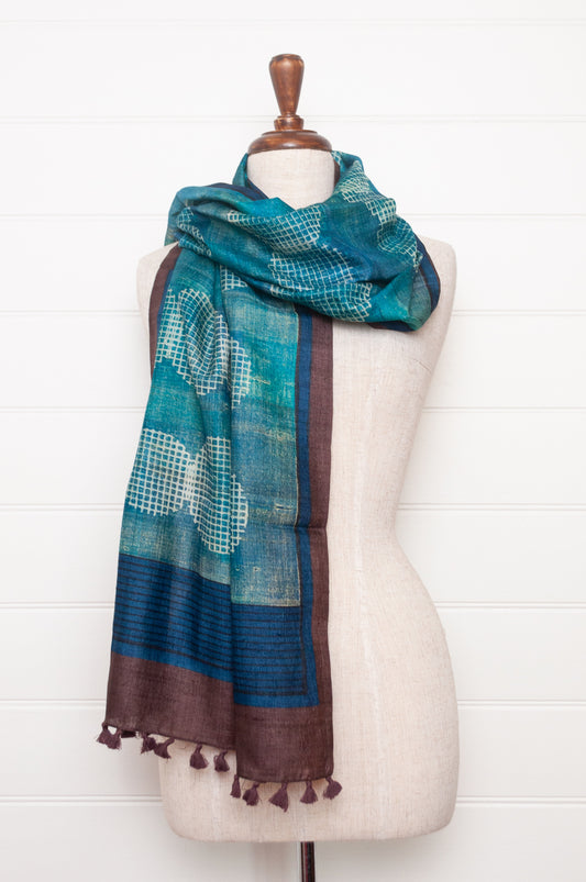 Karomi blockprint handwoven silk scarf in turquoise and chocolate brown.